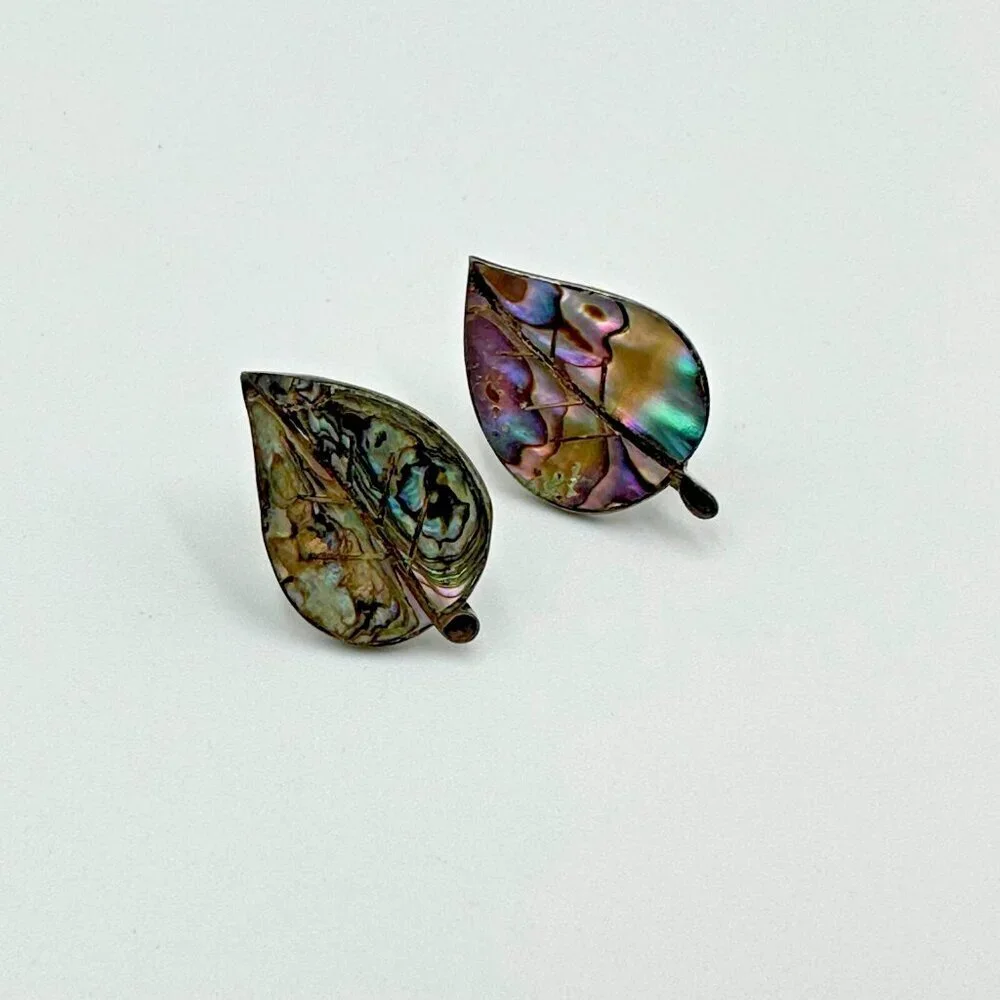 Vintage Abalone Leaf Earrings Screw Backs Sterling Silver Iridescent Shell